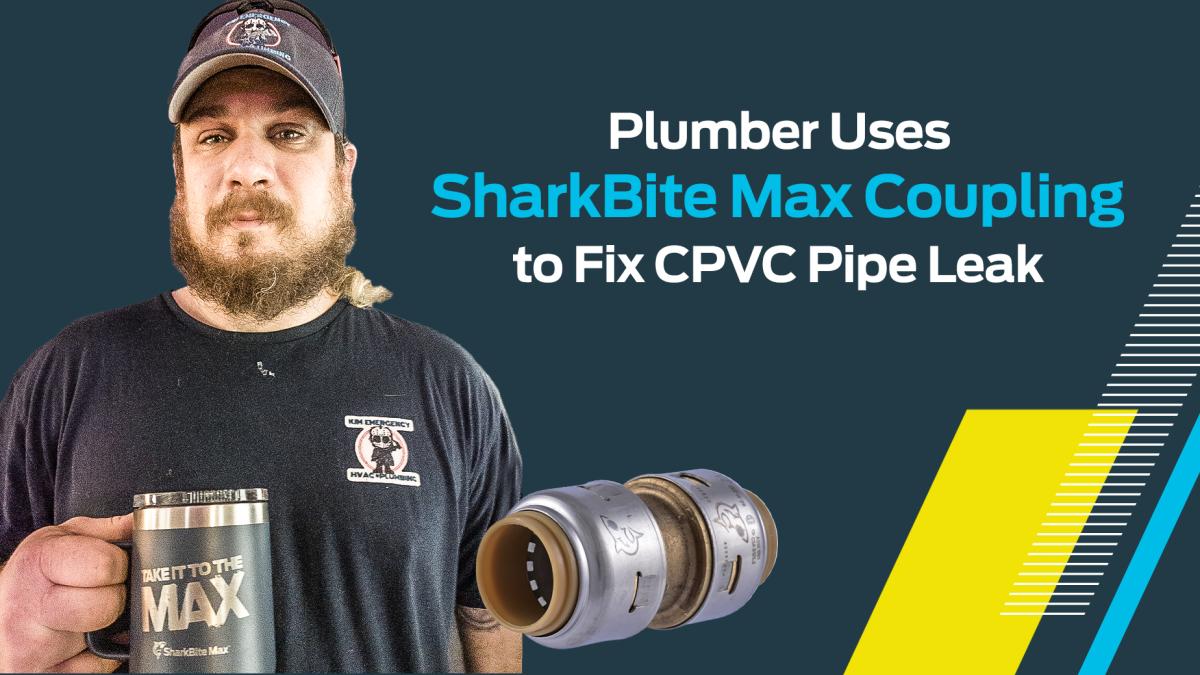 Plumber Matt Budaji stands behind sharkbite max fitting cutout 