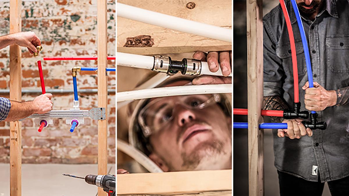 Three way split image of 3 individuals installing 3 different pipe fittings.