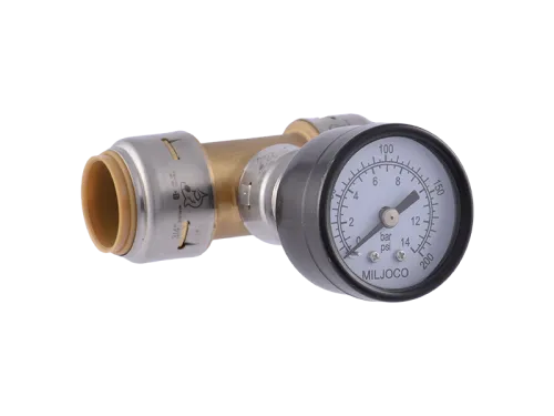 SharkBite Max 3/4" Tee with Pressure Gauge.