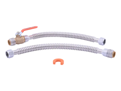 SharkBite Max 3/4" Water Heater Connection Kit with 2 hoses and Disconnect Clip.