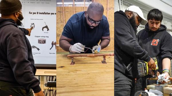 three images of Mark Brown teaching his plumbing program