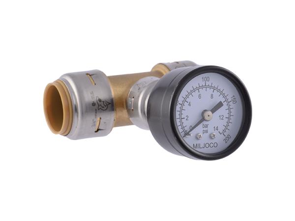 SharkBite Max 3/4" Tee with Pressure Gauge.