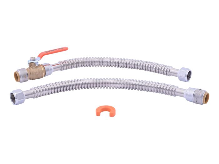SharkBite Max 3/4" Water Heater Connection Kit with 2 hoses and Disconnect Clip.