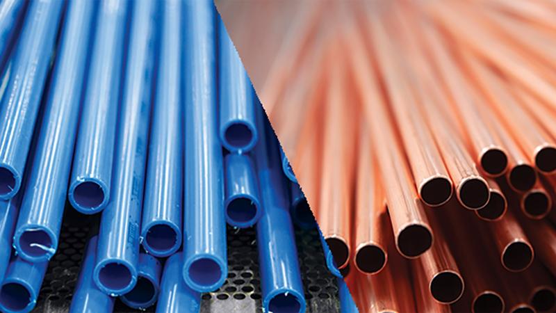 Comparison of PEX and copper plumbing systems in sustainable construction, highlighting environmental benefits and material efficiency.
